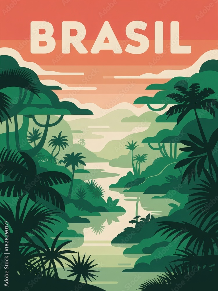 A beautiful view of Brasils tropical landscape featuring abundant greenery, serene waterways, and a colorful sunset.