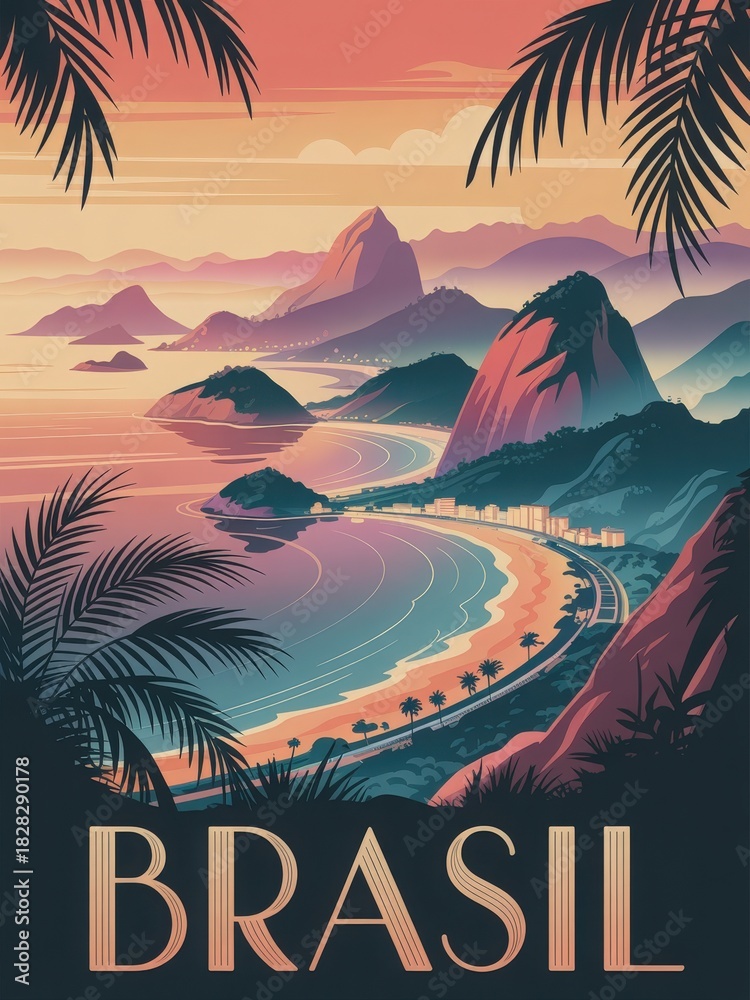 The scene shows a vibrant sunset over a beach in Brazil. Waves lap at the shore, while palm trees and mountains create a tropical atmosphere. A calm, picturesque view invites relaxation.