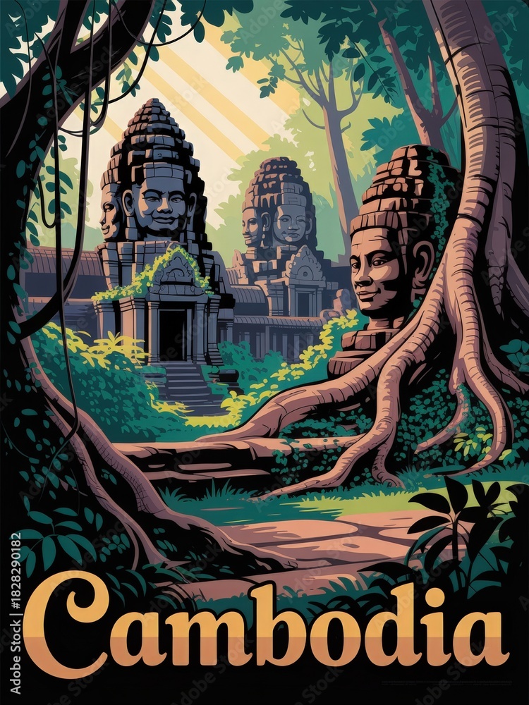 Stone temples with large, carved faces are nestled among dense green trees in Cambodia. Sunlight filters through the leaves, highlighting the beauty of this historical site.