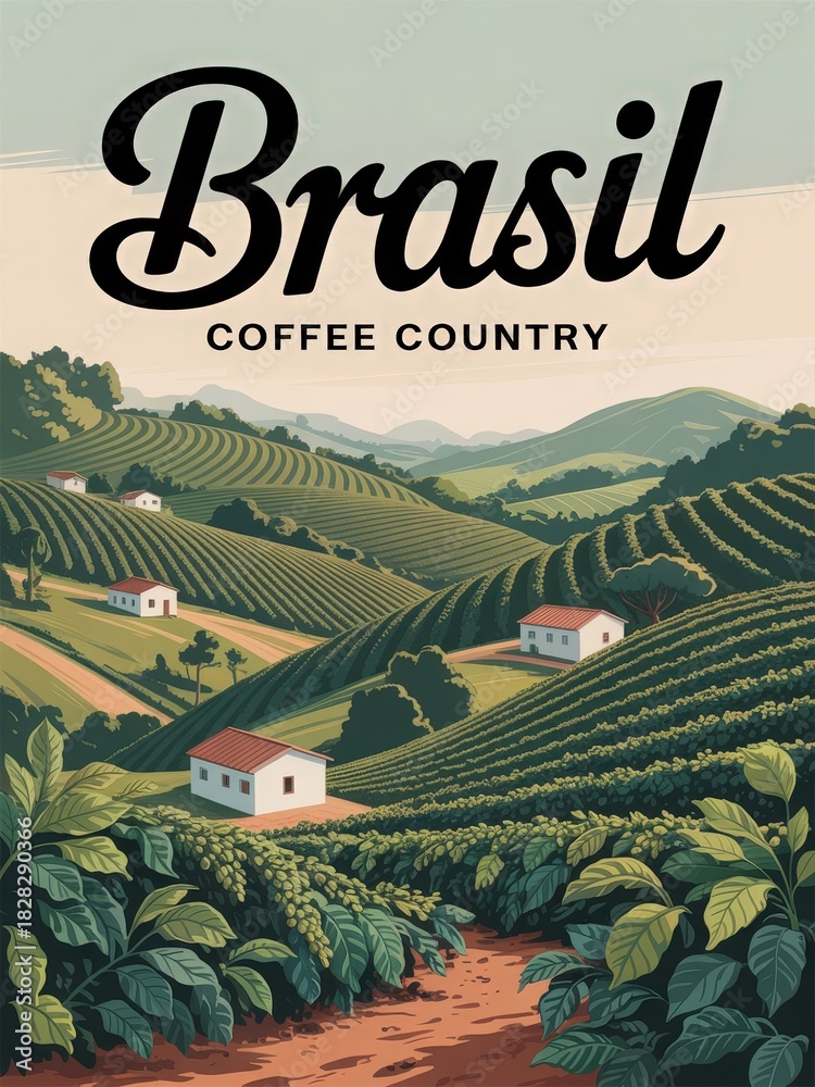The scene highlights vibrant green coffee plantations in Brazil, with rolling hills and small white houses under a clear sky. This picturesque view captures the essence of coffee production.