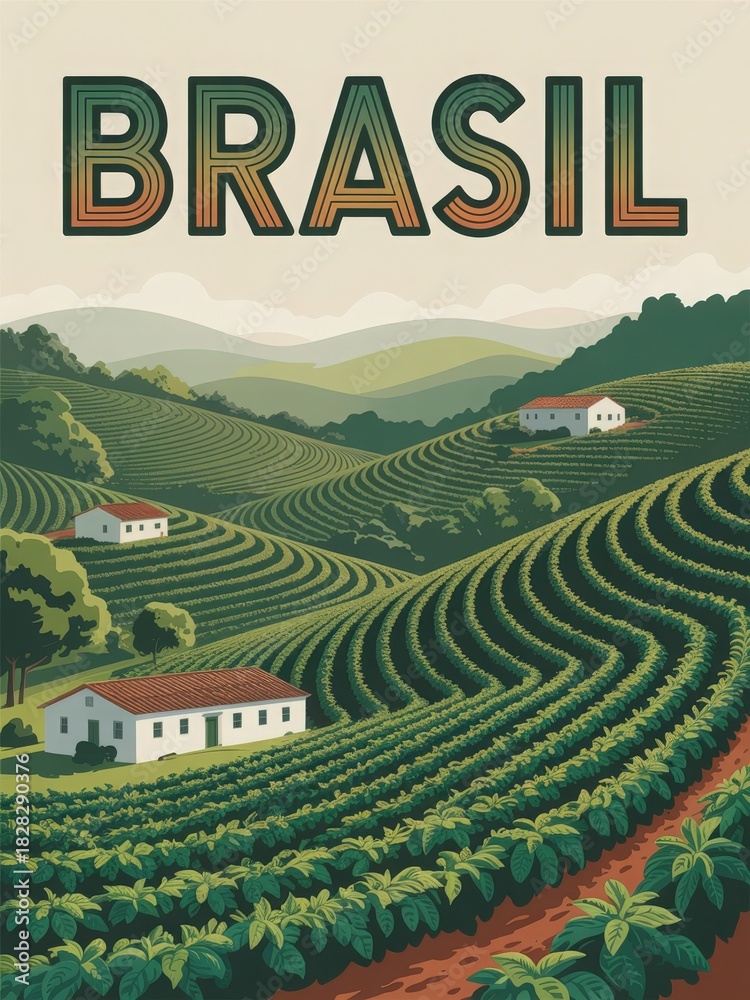 Rolling green hills covered in coffee plants stretch across the landscape of Brasil. Quaint white houses dot the hills under a serene blue sky, creating a peaceful rural scene.