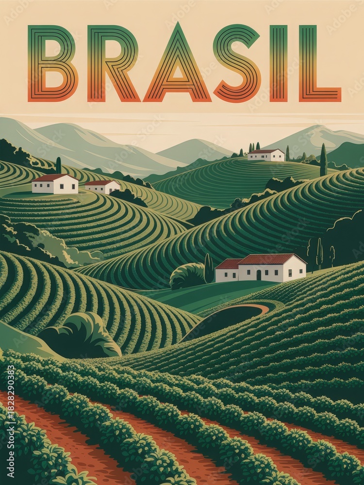Expansive green hills are beautifully arranged in rows of vineyards under a clear sky. Quaint white houses dot the landscape, creating a tranquil view of Brasils rich agriculture.