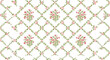 © CreativeGrid - An elegant seamless pattern with a delicate lattice of green leaves and pink roses, featuring small floral bouquets on a white background.