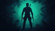 © Virtual Art Studio - A silhouetted figure confidently holds weapons amidst vibrant green foliage in a lush, tropical setting with an ethereal glow.