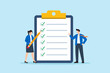 © VZ_Art - Flat illustration of businessman and businesswoman preparing checklist on giant clipboard symbolizing task management planning and project organization