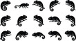 © Austomi's World - Chameleon silhouette collection, reptile poses on branches, black vector icons, tail curl anatomy, wildlife illustration, tropical animal design