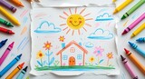 Child drawing crayon art house sun flowers clouds colorful kids art creative expression happy childhood