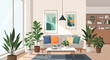 © Ripon - Modern living room interior with houseplants and cozy decor, perfect for real estate marketing, home design blogs, and creating a relaxing atmosphere