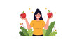 © Chandan - A smiling young woman holds up two red apples, symbolizing a healthy lifestyle, balanced diet, or making a difficult choice.