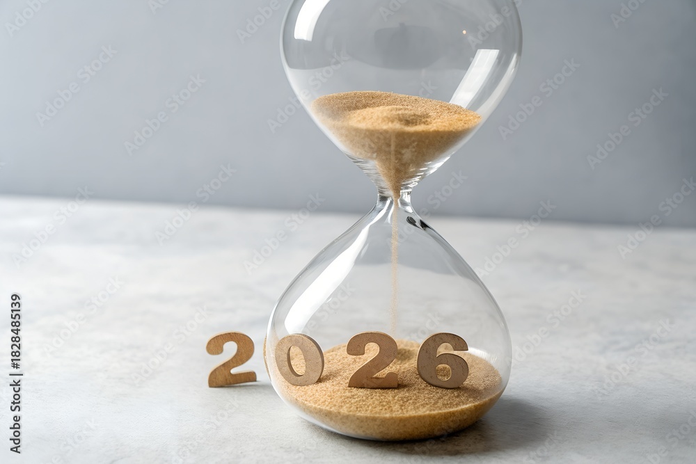 Hourglass showing time passing with the year 2026 representing future ...