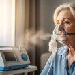 © Margarita Ratatosk - Senior woman inhaling with nebulizer for respiratory therapy. Elderly person receiving medication for lung health and breathing recovery.