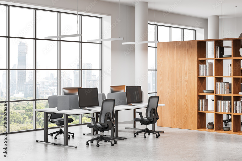 Modern open space office interior with workstations, ergonomic chairs ...