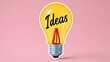 © Nataliia_Trushchenko - Bright yellow light bulb with the word 'Ideas' creatively displayed, symbolizing inspiration and innovation, set against a soft pink background, perfect for creative projects and brainstorming session