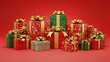© rokhsona - A vibrant pile of beautifully wrapped christmas presents with gold ribbons against a festive red background