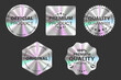 © antoniofrancois - Set of realistic silver holographic stickers, quality emblems, labels, original product stamps, premium quality symbol of official product guarantee with different shapes. Vector illustration