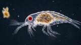 A transparent, translucent crustacean with a red eye and a yellowish-brown body, swimming in a dark, watery environment with small, floating particles.