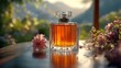 © RONNY - Amber perfume bottle on wooden table, surrounded by flowers, outdoors