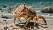 © Wattana - A crab with a shell on its back, walking on a sandy beach with rocks and shells.
