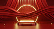 © wahris - Red and gold stage with a circular neon light, draped fabric, and a metallic platform, creating an elegant and luxurious presentation backdrop.