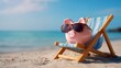 © mila103 - A cheerful pig figurine sits comfortably in a beach chair on golden sand wearing stylish sunglasses. The clear blue ocean waves gently lap the shore under a bright sky.