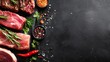 © Oleksandr - Raw meat assortment with herbs and spices on a dark background.  Beef, pork, rosemary, chili pepper, black pepper, salt. Culinary concept. Food flat lay, top view.