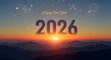 Celebrate the upcoming year 2026 with a stunning sunset over the mountains and sparkling fireworks, wishing everyone a happy and prosperous new year