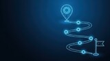 Digital navigation pin marking a route with glowing waypoints on a dark abstract background