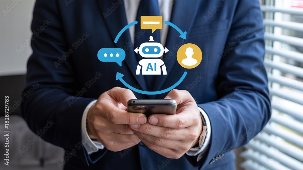 Businessman Using a Smartphone with an AI Chatbot Icon and Arrows ...