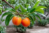 Ripe orange persimmon fruits growing on tree branch