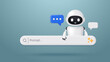 © S and V Design - AI robot with a search engine bar and speech bubble. Concept of AI and machine learning. Generative bar. Input prompt as commands for search and analysis by AI, Trendy and modern vector in 3d style.
