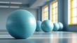 © buraratn - Indoor fitness studio with exercise balls arranged on a polished floor, natural light streaming through large windows, creating a serene atmosphere