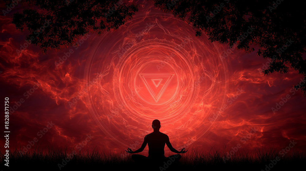 Root Chakra Raiating root chakra meditation silhouette. activation of 1st chakra muladhara ...