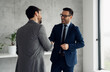 © Novak - Two businessmen meeting in a modern office, standing face-to-face and shaking hands. They are dressed in formal business attire, smiling confidently