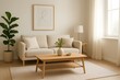 © nurfaidah - A warm modern living room featuring a beige sofa, indoor plants, framed wall art, and natural lighting for a calm and cozy atmosphere.