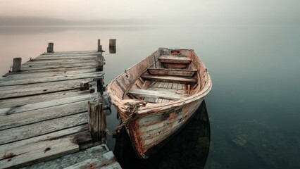  Rowboat Moored at Foggy Lake Dockside on Still Morning

