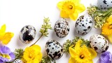 Colorful speckled eggs are arranged among bright yellow flowers and green foliage. This scene captures the essence of spring and festive decorations creating a cheerful ambiance.