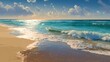 © Babb - Soft waves gently crash on a sandy beach as the sun sets on the horizon. The clear blue sky is dotted with fluffy white clouds creating a serene atmosphere.