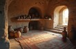 © miss irine - Ancient room with clay pots and jars on shelves and floor. A rug covers the ground in this old stone dwelling. Stairs lead up to a bright exit.