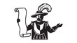 © azmy99 - Stylized monochrome graphic of a Renaissance messenger in a plumed hat, delivering a royal decree on a parchment scroll