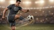 © Юлия Падина - Athletic man in gray sportswear is skillfully kicking a soccer ball on a vibrant field, surrounded by cheering fans, showcasing the excitement of competitive sports