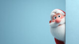 Papá Noel de dibujos animados mirando a cámara asomandose detras de una pared con fondo azul con espacio vacio. Concepto fiestas y celebraciones navideñas