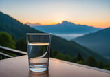 a glass of water on the table with a cool mountain view
