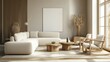 © TommyNa - Minimal natural living room with soft beige sofa, wooden chairs, warm sunlight, and calm decor in a serene modern setting, idea for Interior Design projects and home styling