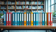 © Mahamud - Colorful binders and books on a wooden shelf in a library