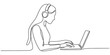 © Continues One Line D - Continuous line drawing of a woman wearing headphones and typing on a laptop, illustrating remote work, focused study, or online communication. Vector, illustration