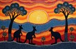 © miss irine - Aboriginal dot art shows kangaroos in colorful landscape with big sun. Two trees stand tall on side. Wavy patterns of dots create hills, water. Traditional painting vibrant, cultural, Australian
