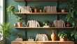 © miss irine - Green wall background with wooden shelves holds many books. Various potted plants, decorative items create cozy, modern home interior. Sunlight from window brightens room decor. Stylish, natural,