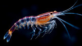 Close-up macro photo of Antarctic krill floating in dark seawater, highlighting marine life, ocean ecosystem, and tiny crustacean details in a mysterious underwater environment.