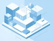 © Tali - Isometric view of a stacked, abstract geometric structure in varying shades of blue, with architectural-style components