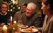 © nian - Smiling elderly man enjoying festive gathering with delicious food. High quality